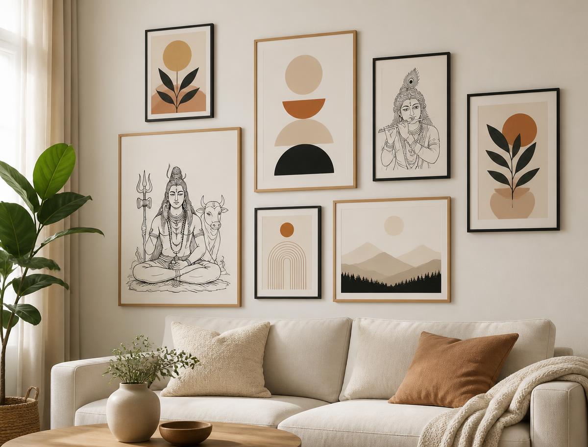 Three framed botanical printable wall art prints on a warm shelf